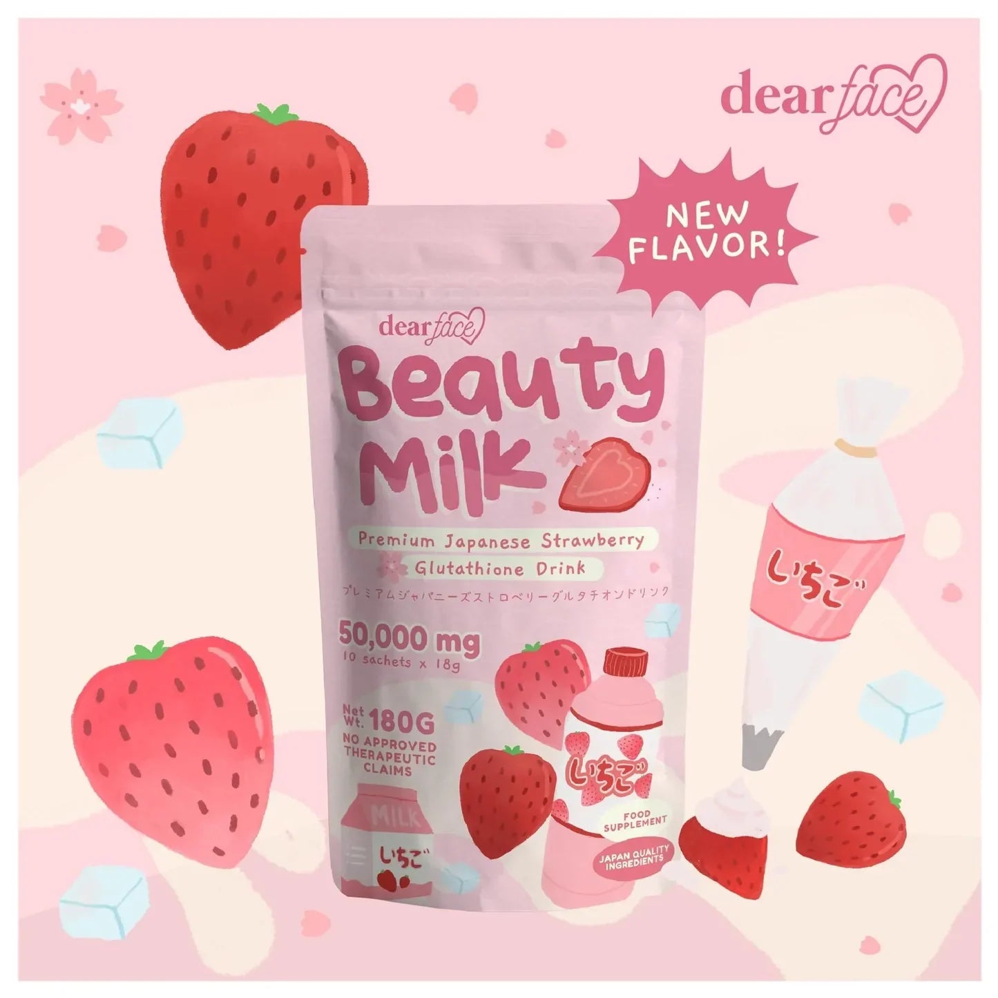 Dear Face Beauty Milk Premium Japanese Strawberry Glutathione Drink 18gX10 Sachets - Ichigo