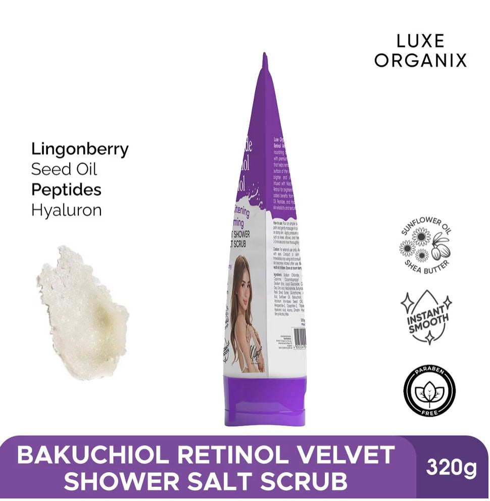 LUXE ORGANIX Niacinamide + Bakuchiol Retinol Velvet Shower Salt Scrub 320g