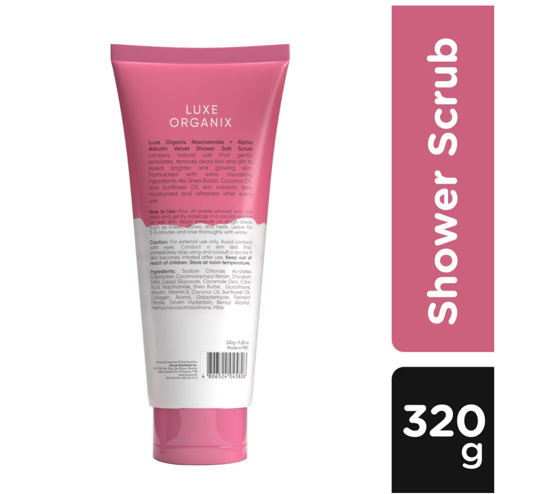 LUXE ORGANIX Niacinamide + Alpha Arbutin Velvet Shower Salt Scrub 320g