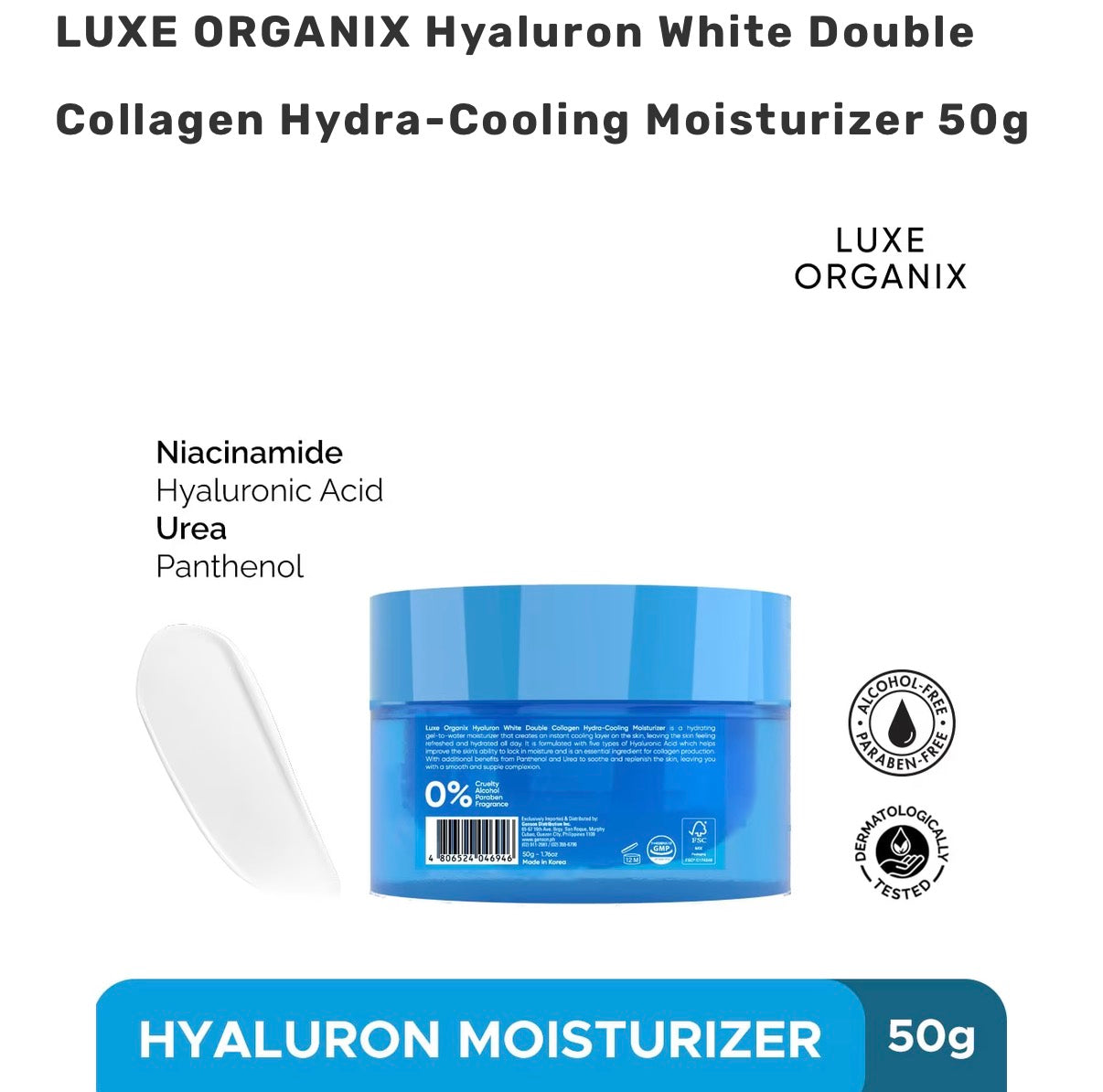 LUXE ORGANIX Hyaluron White Double Collagen Hydra-Cooling Moisturizer 50g
