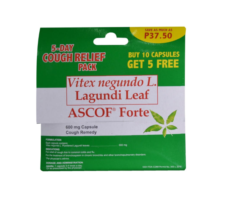 ASCOF Lagundi Forte - 10 Capsules + 5 Capsules Free (Vitex Negundo L. Lagundi Leaf)