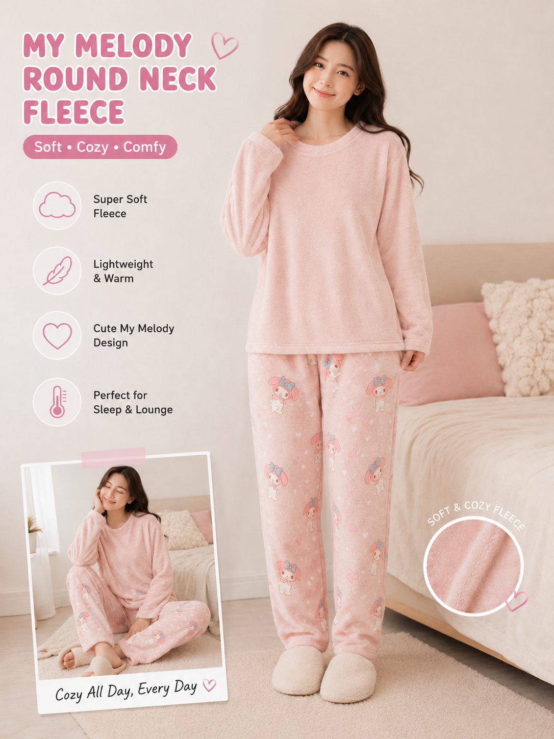 Korean Ultrasoft Fleece My Melody Round Neck Fleece Pajama Set