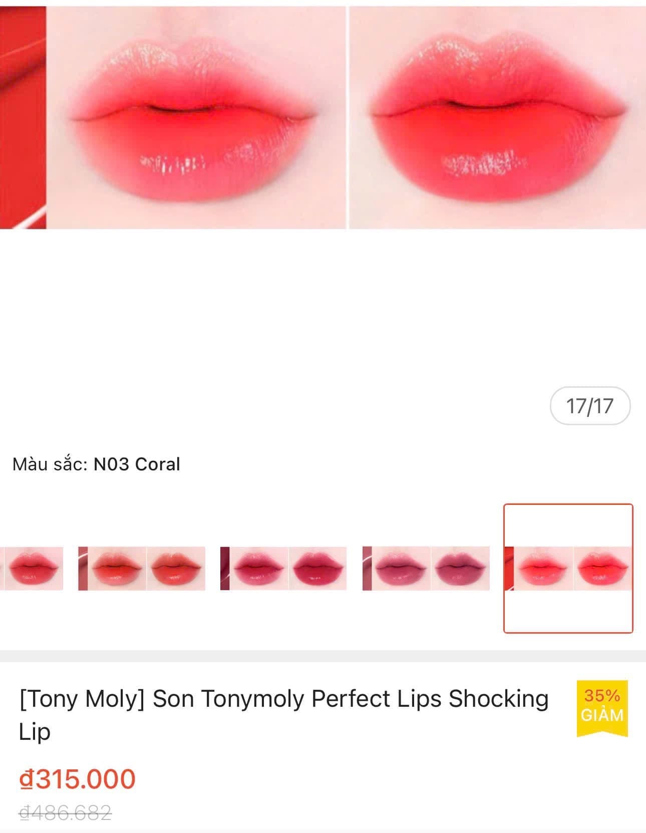 TONYMOLY PERFECT LIPS SHOCKING LIPTINT - CORAL SHOCKING