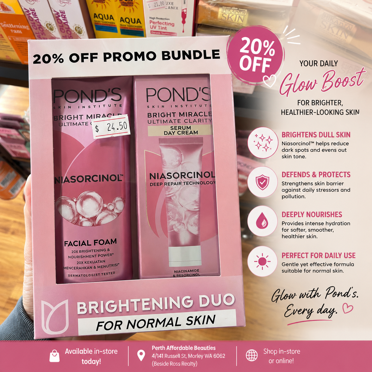 PONDS DUO Bright Miracle Day Cream Normal 40g + PONDS Bright Miracle Ultimate Clarity Facial Wash 100g