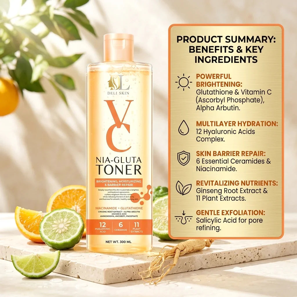Deli Skin VC NIA-GLUTA Toner by DL Glutathione – Hydrating Facial Toner with Niacinamide, Glutathione & Hyaluronic Complex, Lightweight Skin Prep Solution with Ceramides & Botanical Extracts for Smooth, Balanced & Radiant-Looking Skin (300ml)