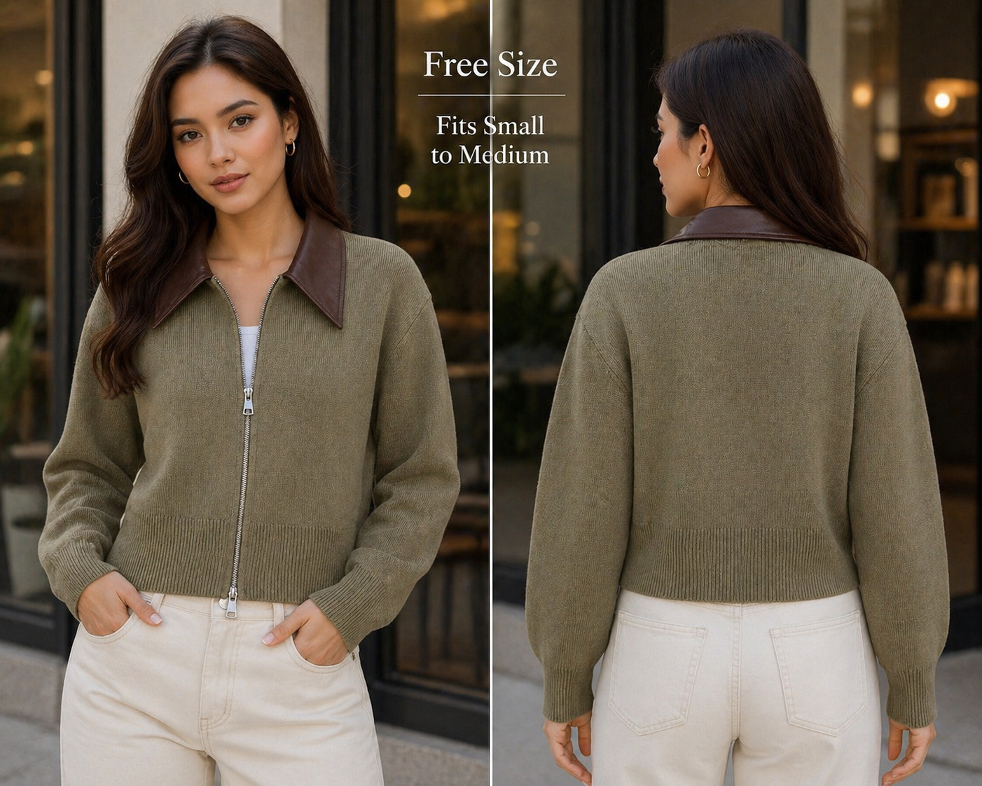 WINTER JUMPER - Knitted with Leather Collar Jacket- BROWN