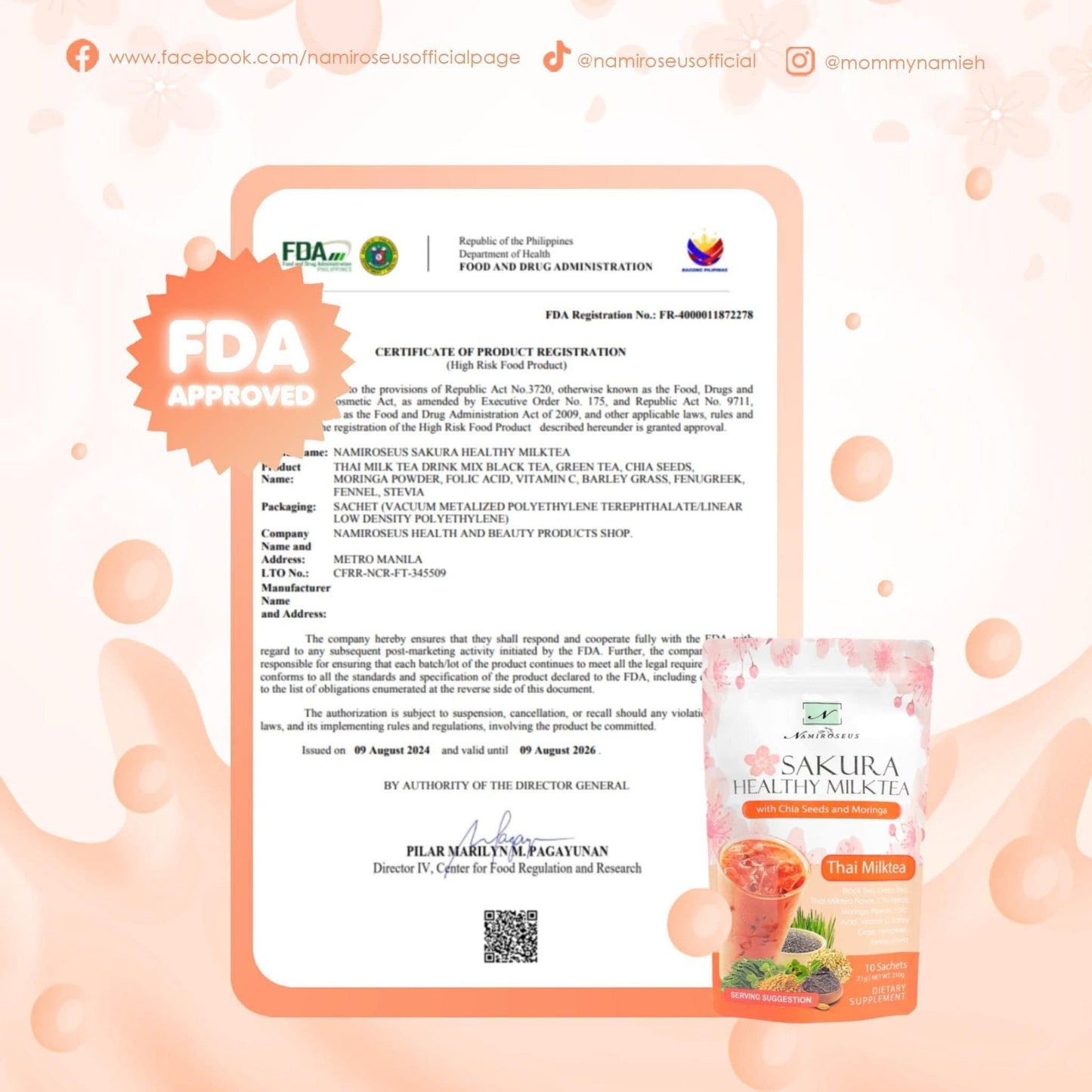 Namiroseus SAKURA Healthy Thai Milktea - 10 Sachets -ON SALE‼️ OCTOBER 30 2025 EXPIRY‼️