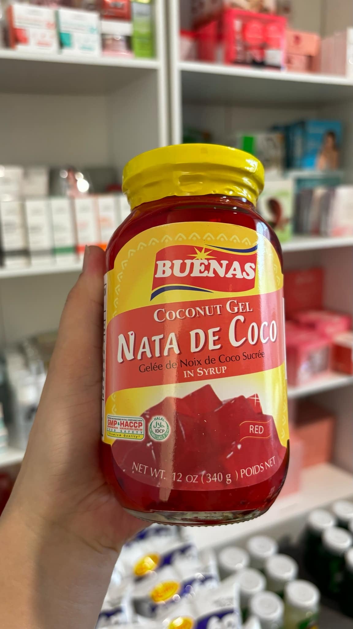 BUENAS Coconut Gel Nata De Coco Gelee de Noix de Coco Sucree in Syrup RED 340g