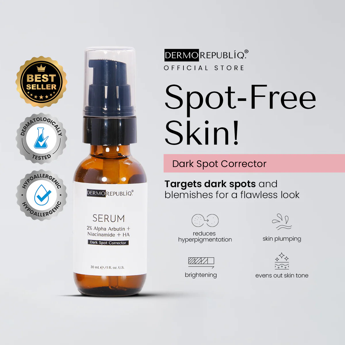 dermorepubliq 2% alpha arbutin + niacinamide + ha dark spot corrector serum - 30 ml
