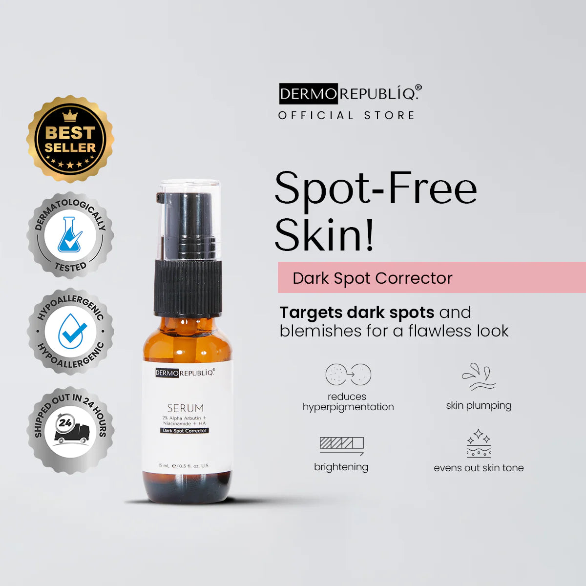 dermorepubliq 2% alpha arbutin + niacinamide + ha dark spot corrector serum - 30 ml