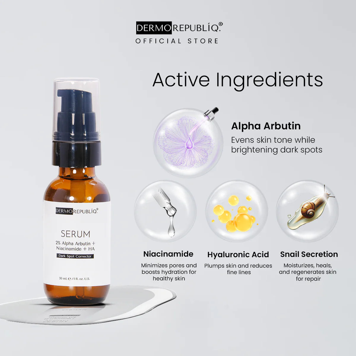 dermorepubliq 2% alpha arbutin + niacinamide + ha dark spot corrector serum - 30 ml