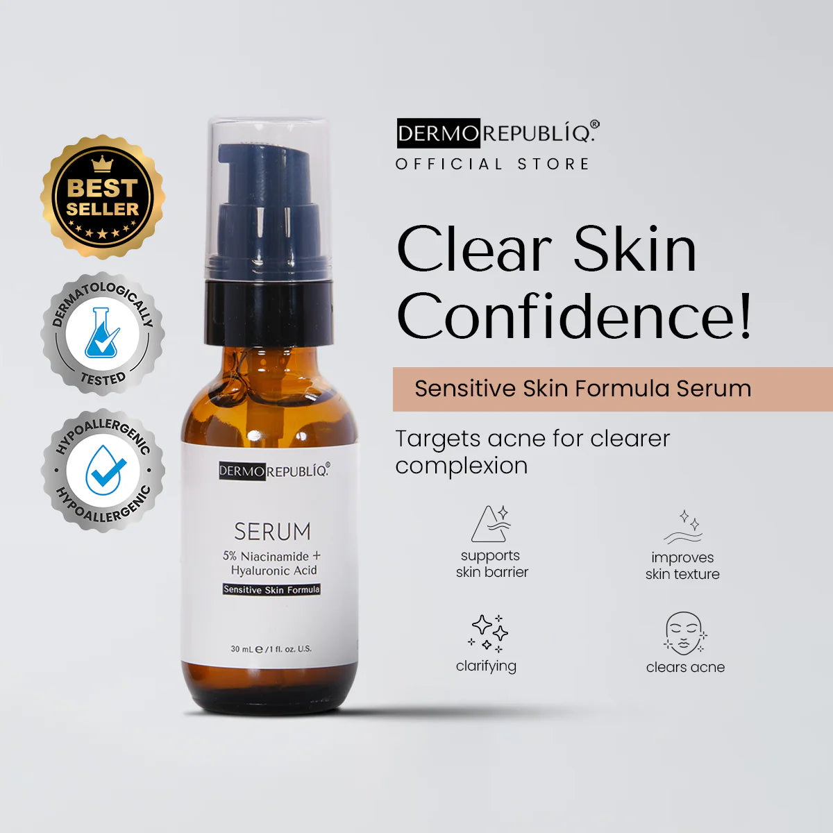 dermorepubliq 5% niacinamide + hyaluronic acid sensitive skin formula serum - 30 ml