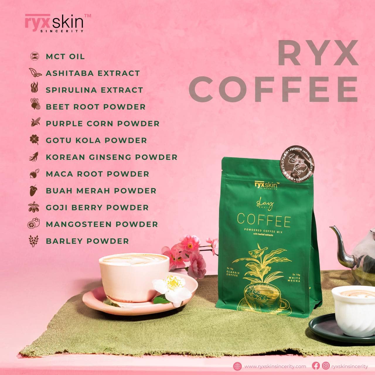 Ryx Skin Sincerity, Slay Recipe Coffee - Powdered Coffee Mix with Herbal Extract - 18gx5 Classic Coffee Sachets + 18gx5 White Mocha