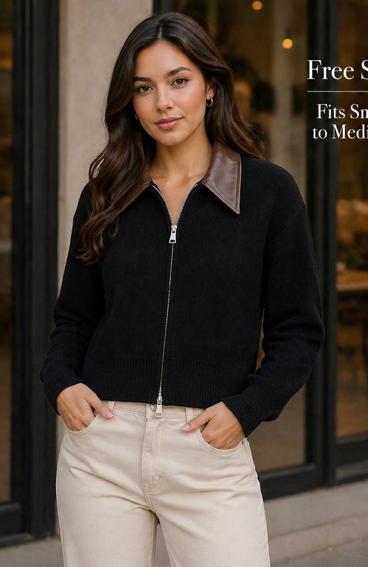 WINTER JUMPER - Knitted with Leather Collar - Jacket- BLACK