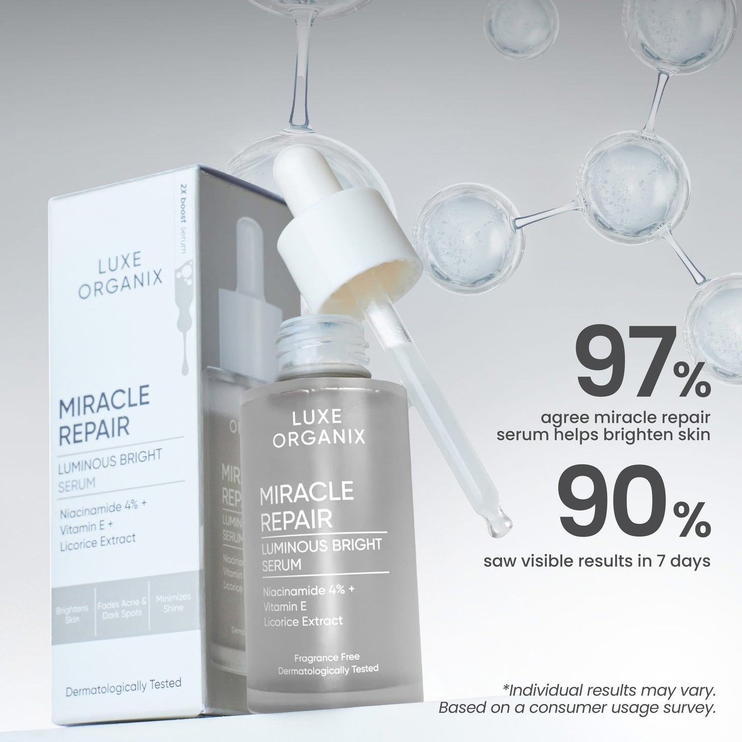 LUXE ORGANIX MIRACLE REPAIR Luminous Bright SERUM NIACINAMIDE 4% 30ML