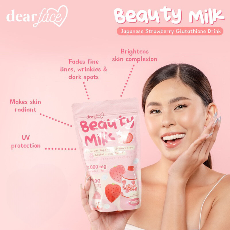 Dear Face Beauty Milk Premium Japanese Strawberry Glutathione Drink 18gX10 Sachets