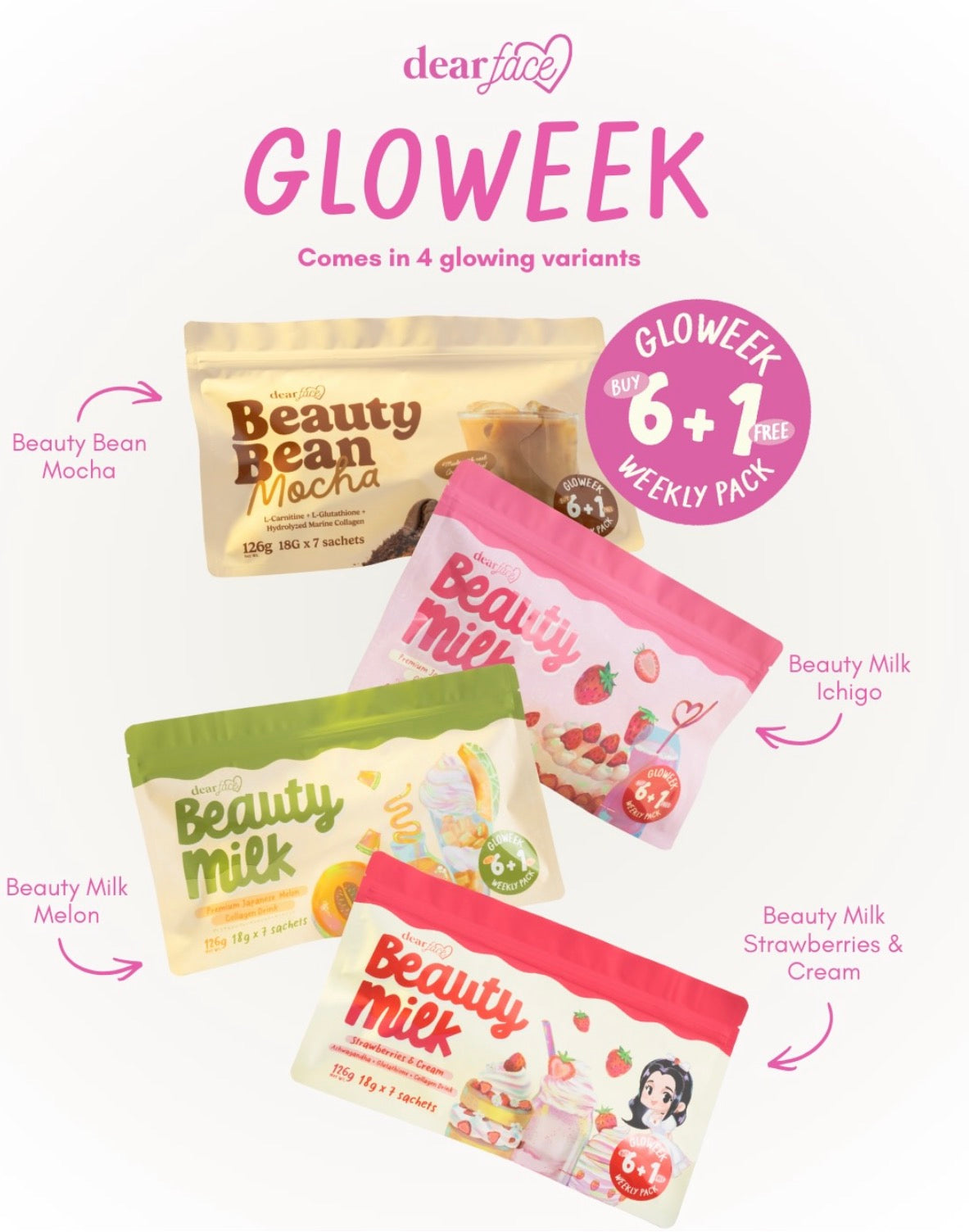 Dear Face Beauty Milk Strawberries & Cream - GLOWEEK NEW PACKAGING - 6+1 Sachets
