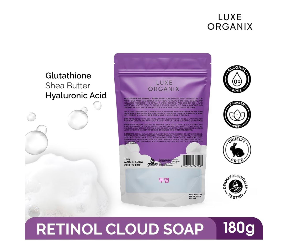 LUXE ORGANIX NIACINAMIDE + RETINOL CLOUD SOAP 180G