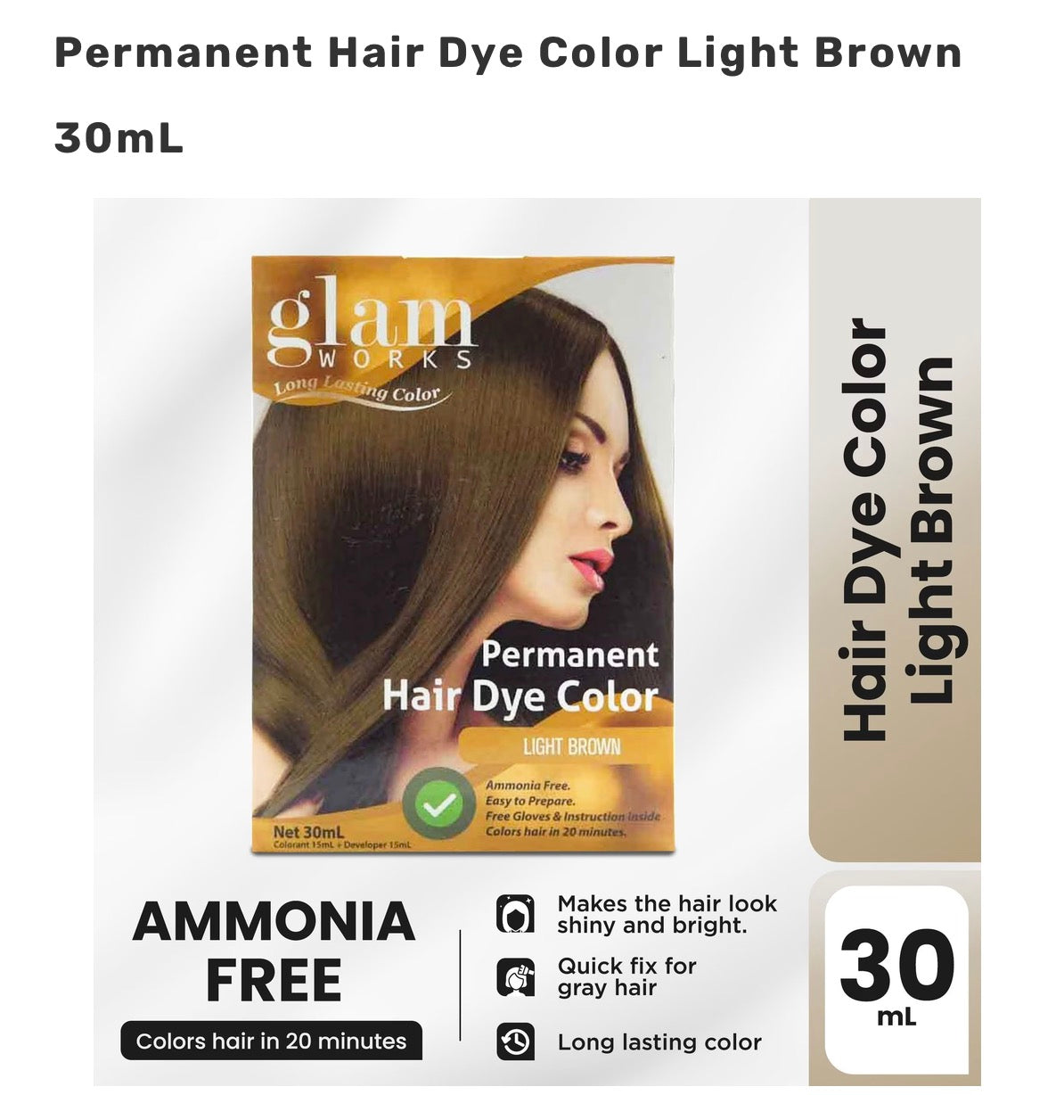 GLAMWORKS Permanent Hair Dye Color Light Brown 30mL