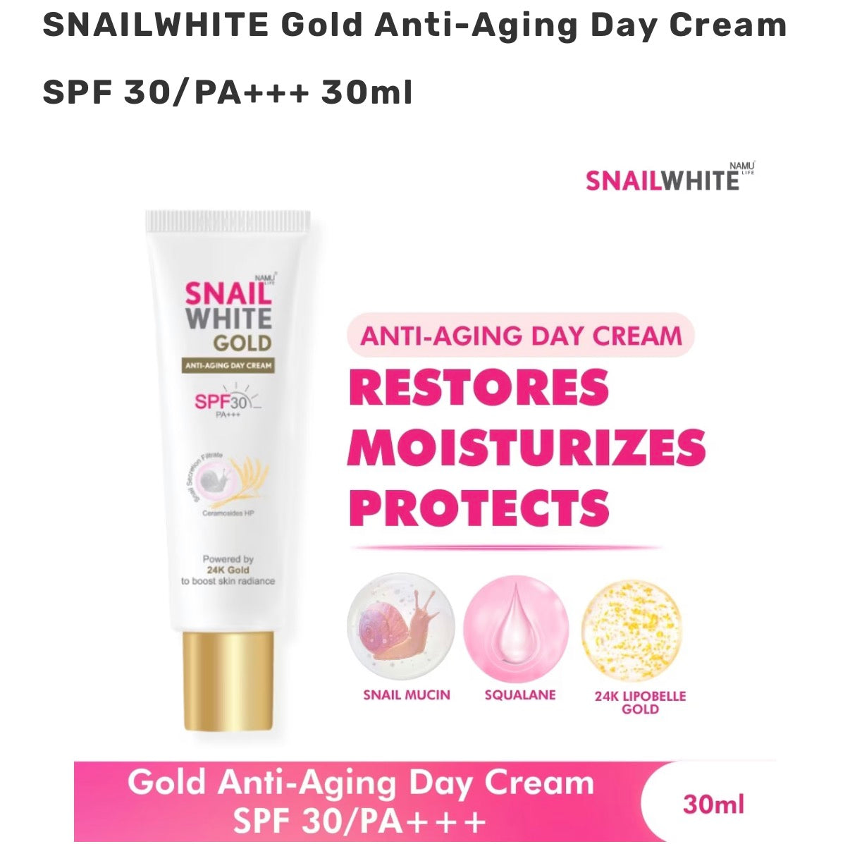 NAMU SNAILWHITE Gold Anti-Aging Day Cream SPF 30/PA+++ 30ml