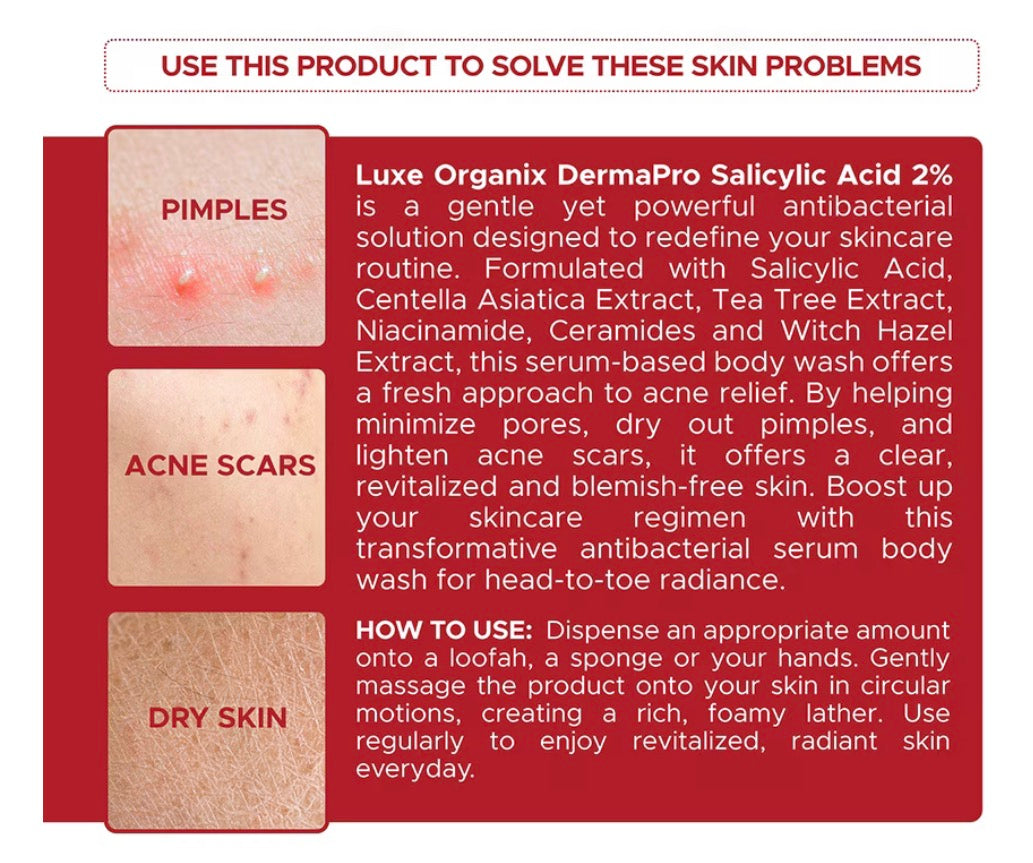 Luxe Organix Dermapro Salicylic Acid 2% Acne Rescue Serum Antibacterial Body Wash 500Ml