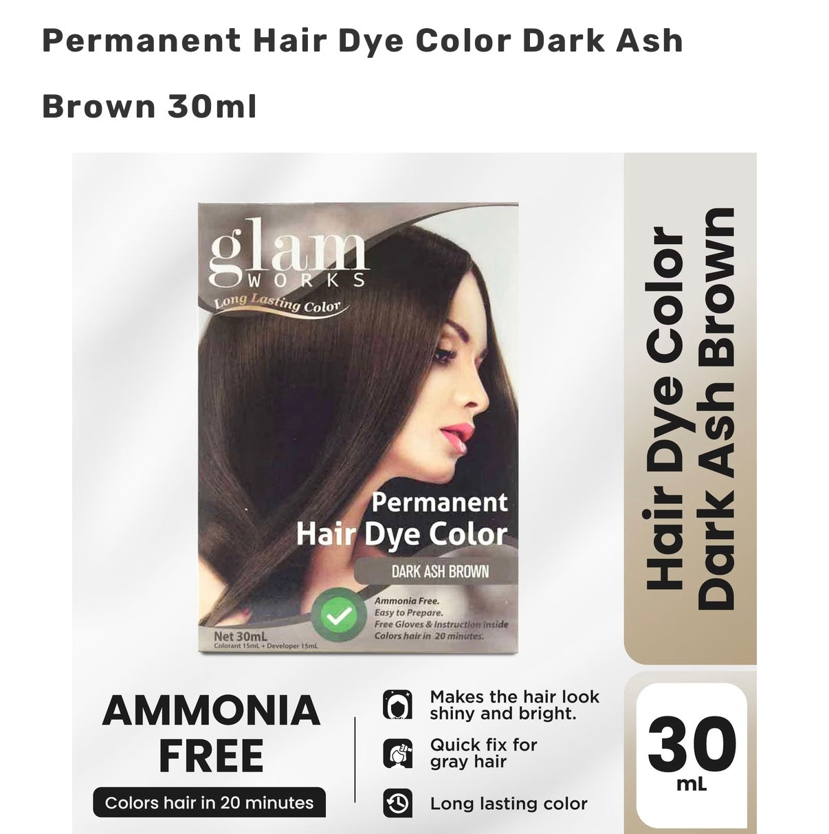 GLAMWORKS Permanent Hair Dye Color Dark Ash Brown 30ml