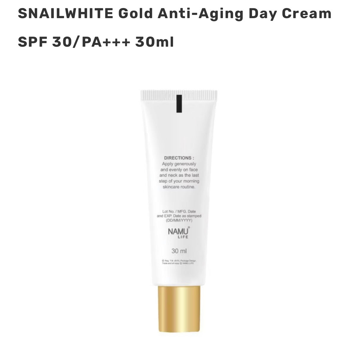 NAMU SNAILWHITE Gold Anti-Aging Day Cream SPF 30/PA+++ 30ml
