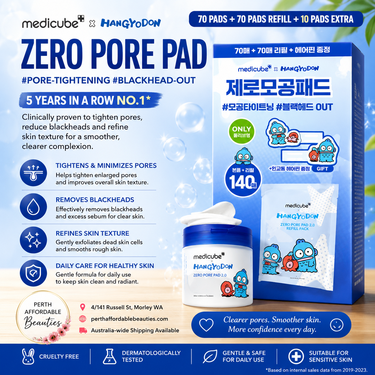 MEDICUBE ZERO PORE PAD REFILL 140 Sheets - Hangyodon 70+70 Pads + Hair Clip Edition