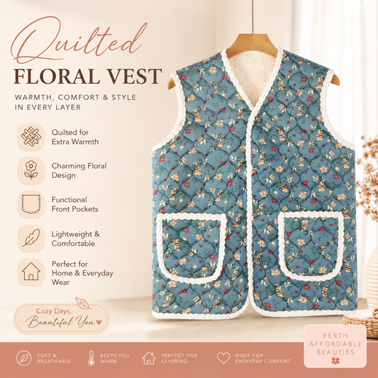 KOREAN FLORAL QUILTED SHERPA FLEECE THERMAL VEST BLUE