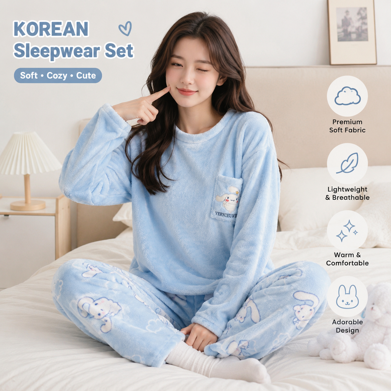 KOREAN Ultrasoft FLEECE Pajama Set Cinnamoroll Round Neck