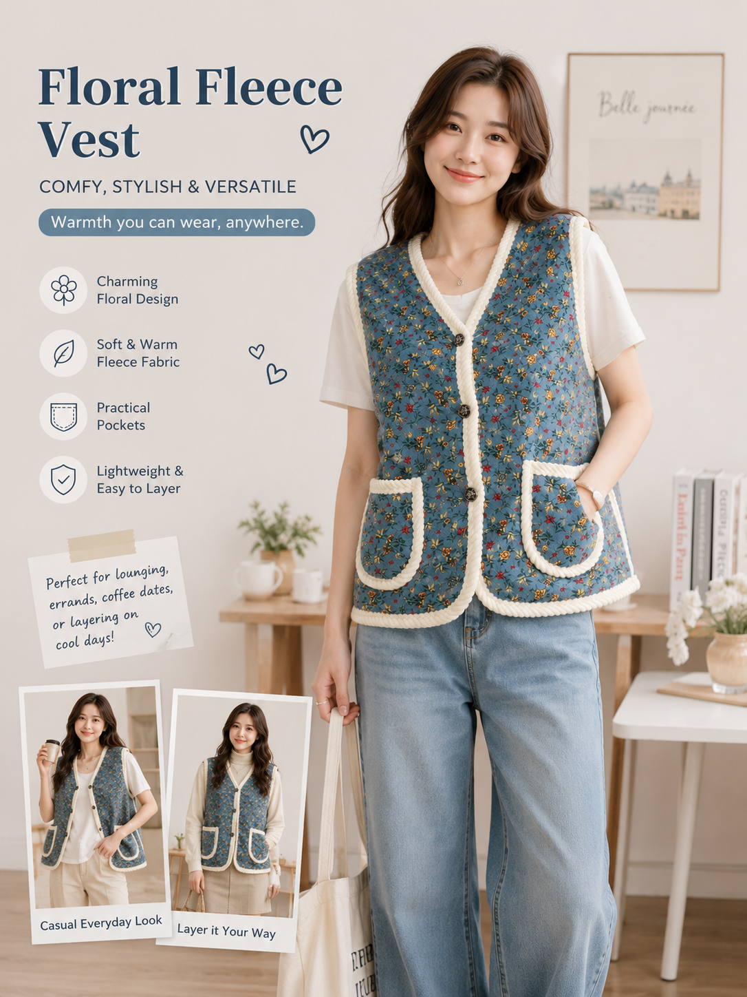 KOREAN BLUE FLORAL QUILTED SHERPA FLEECE THERMAL VEST BLUE