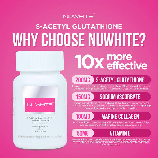 NUWHITE S-Acetyl Glutathione with Marine Collagen Sodium Ascorbate and Vitamin E Food Supplement 30 Capsules