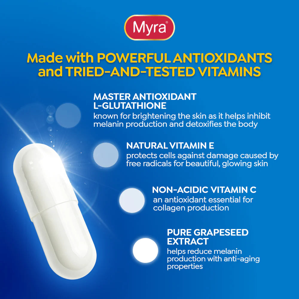 Myra Glow Radiance White L - Glutathione (Vit C, Vit E, Grapeseed Extract) - 30 Capsules