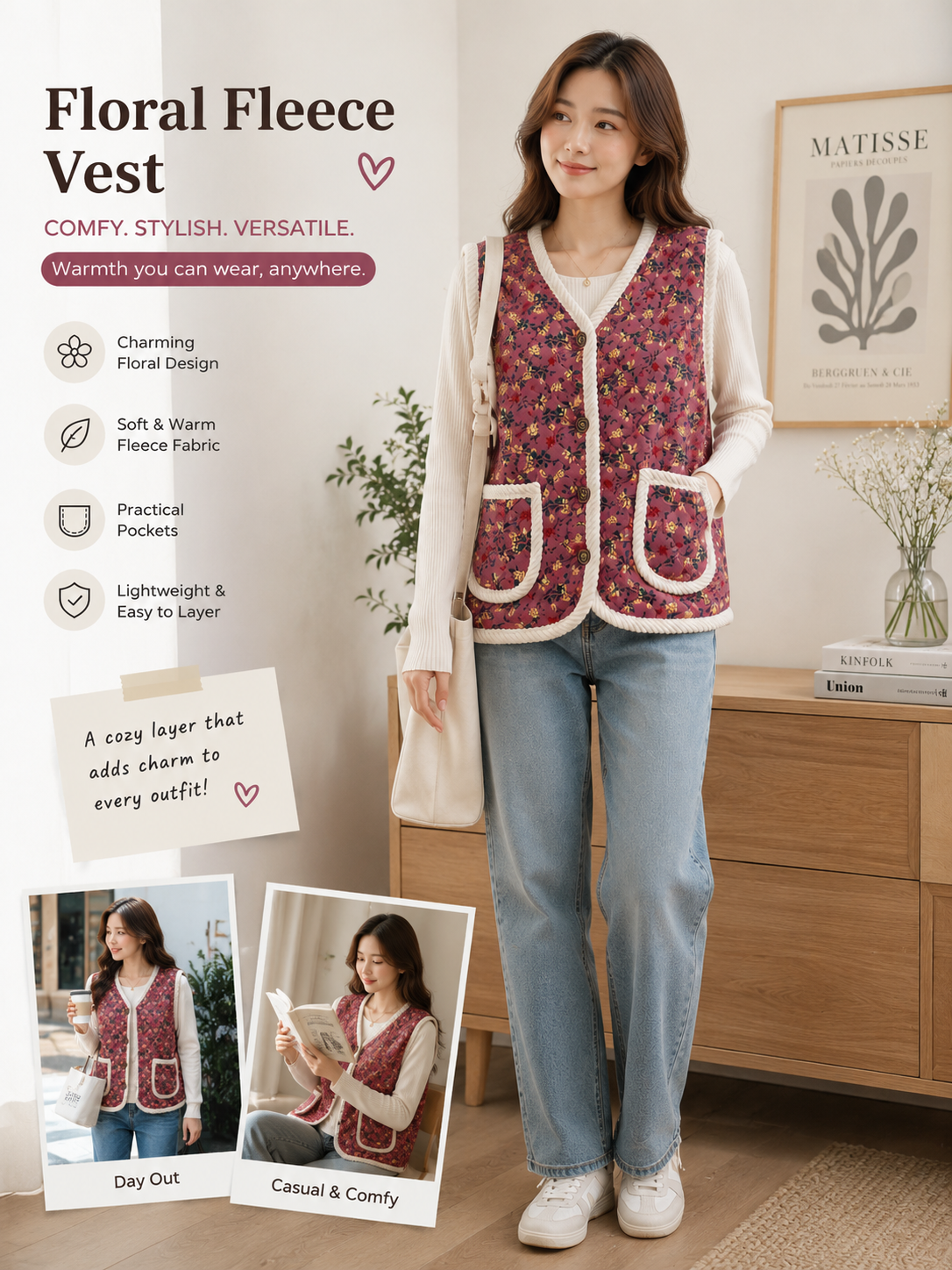 KOREAN PINK FLORAL QUILTED SHERPA FLEECE THERMAL VEST