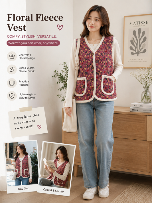 KOREAN PINK FLORAL QUILTED SHERPA FLEECE THERMAL VEST