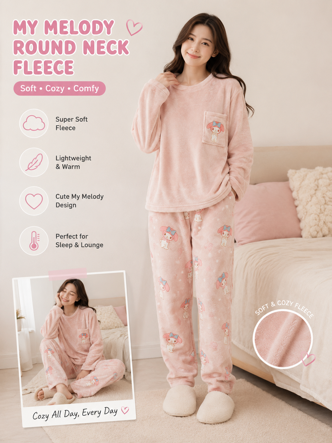 Korean Ultrasoft Fleece My Melody Round Neck Fleece Pajama Set