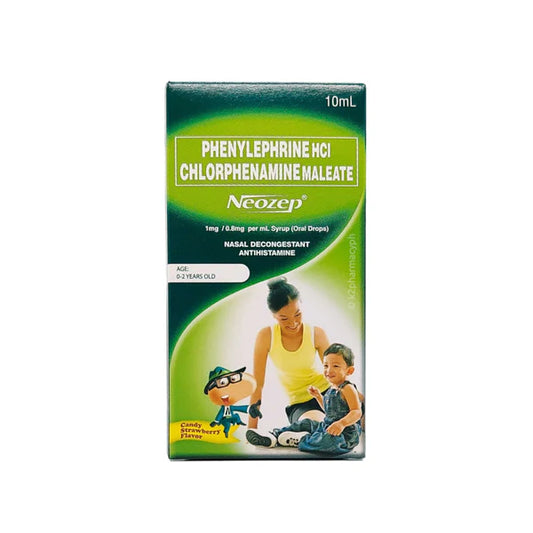 NEOZEP ORAL DROPS TODDLER 10ML
NASAL DECONGESTANT &
ANTIHISTAMINE AGES 0-2 YRS OLD
CANDY STRAWBERRY FLAVOR