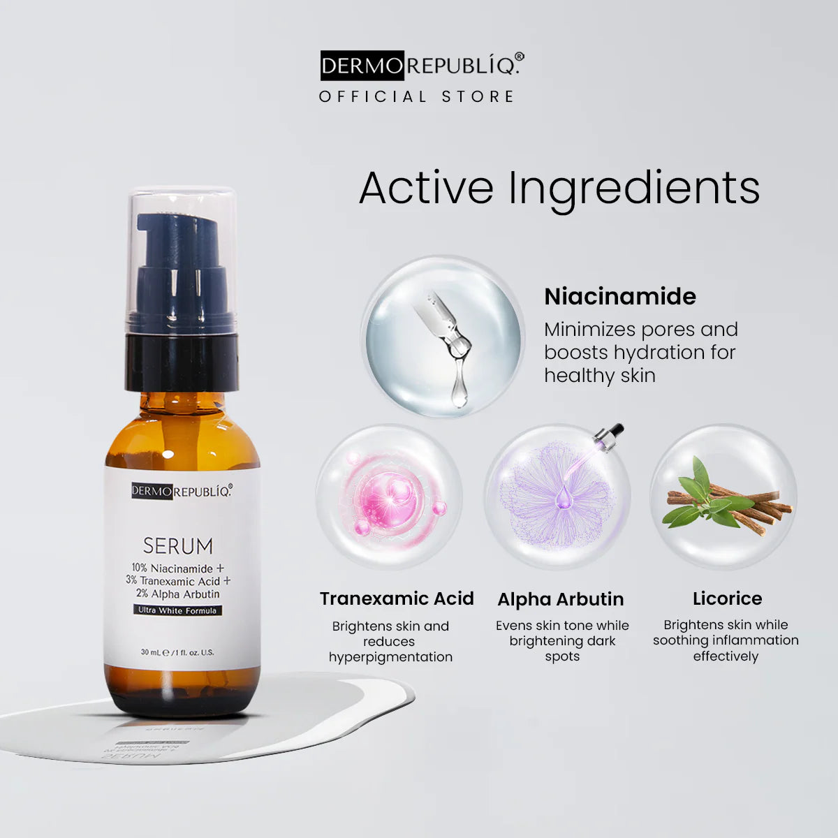 dermorepubliq 10% niacinamide + 3% tranexamic acid + 2% alpha arbutin ultra white serum - 30ml