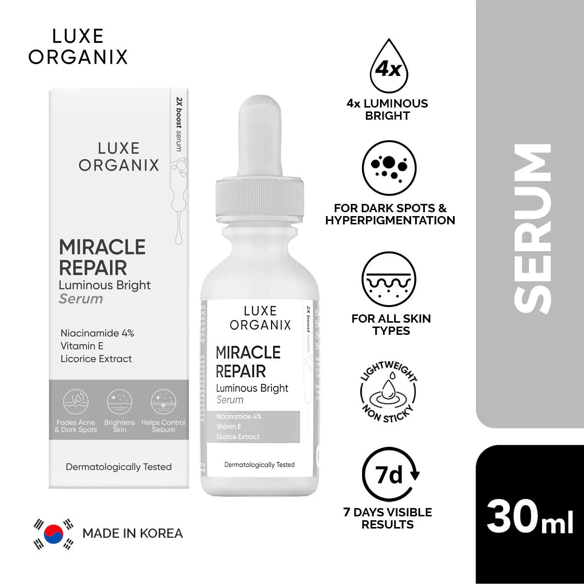 LUXE ORGANIX MIRACLE REPAIR Luminous Bright SERUM NIACINAMIDE 4% 30ML