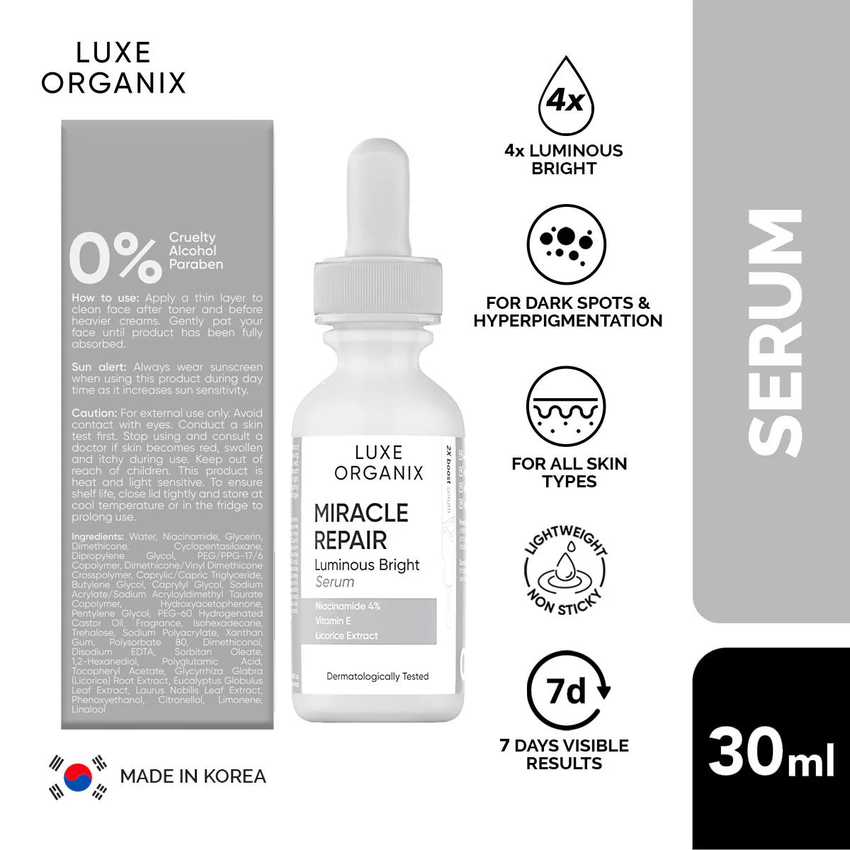 LUXE ORGANIX MIRACLE REPAIR Luminous Bright SERUM NIACINAMIDE 4% 30ML