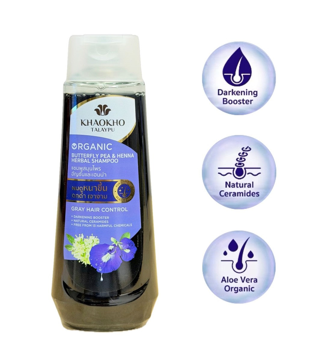 KHAOKHO TALAYPU ORGANIC BUTTERFLY PEA AND HENNA HERBAL SHAMPOO ANTI GRAY HAIR 320ML
