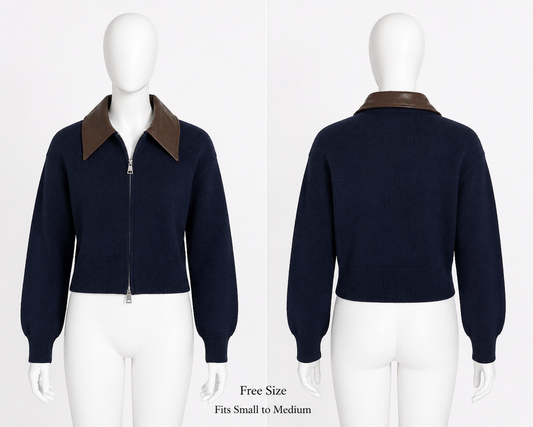 WINTER JUMPER - Knitted with Leather Collar Jacket- DARK BLUE