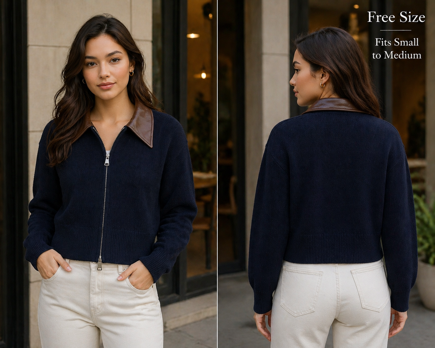 WINTER JUMPER - Knitted with Leather Collar Jacket- DARK BLUE