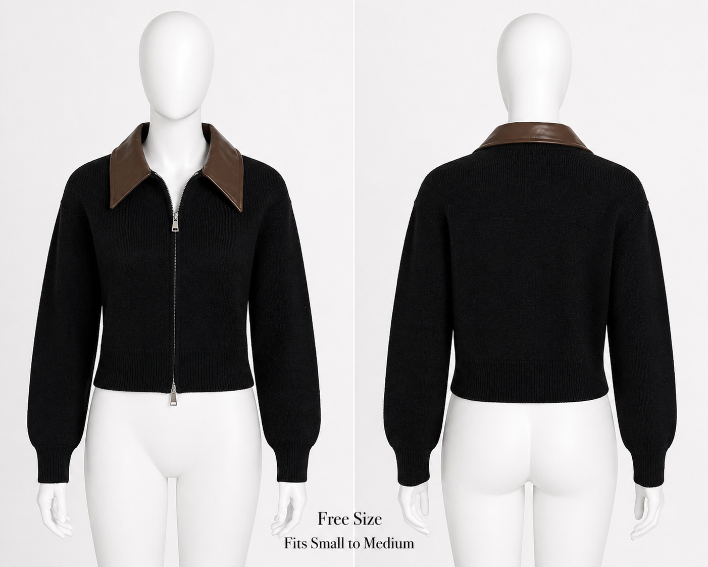 WINTER JUMPER - Knitted with Leather Collar - Jacket- BLACK