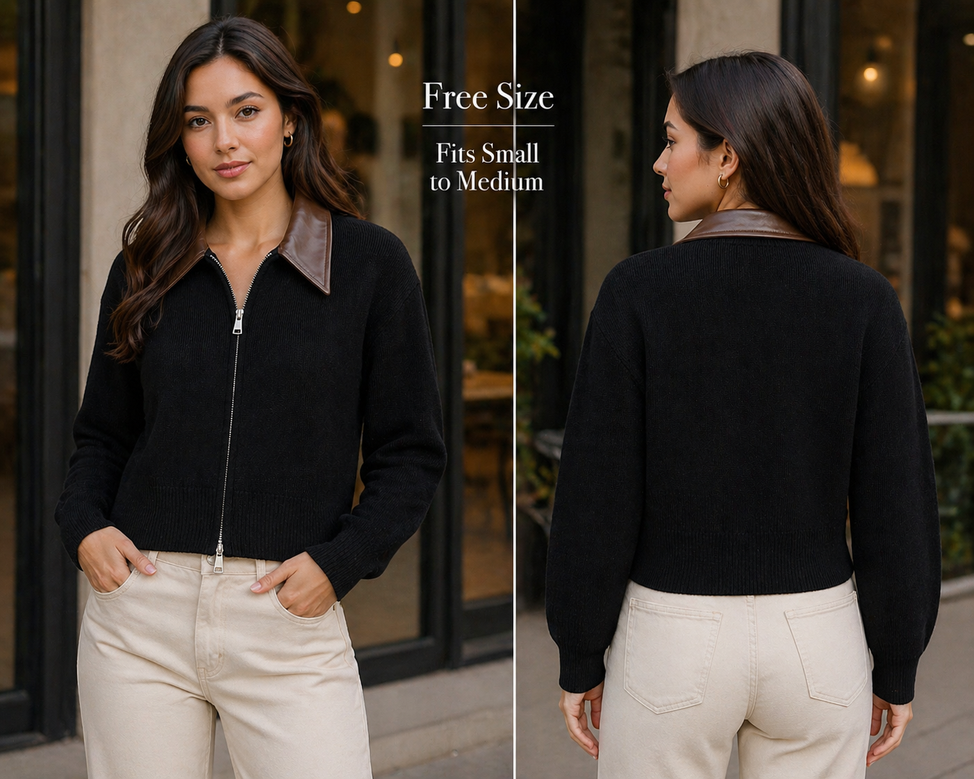 WINTER JUMPER - Knitted with Leather Collar - Jacket- BLACK