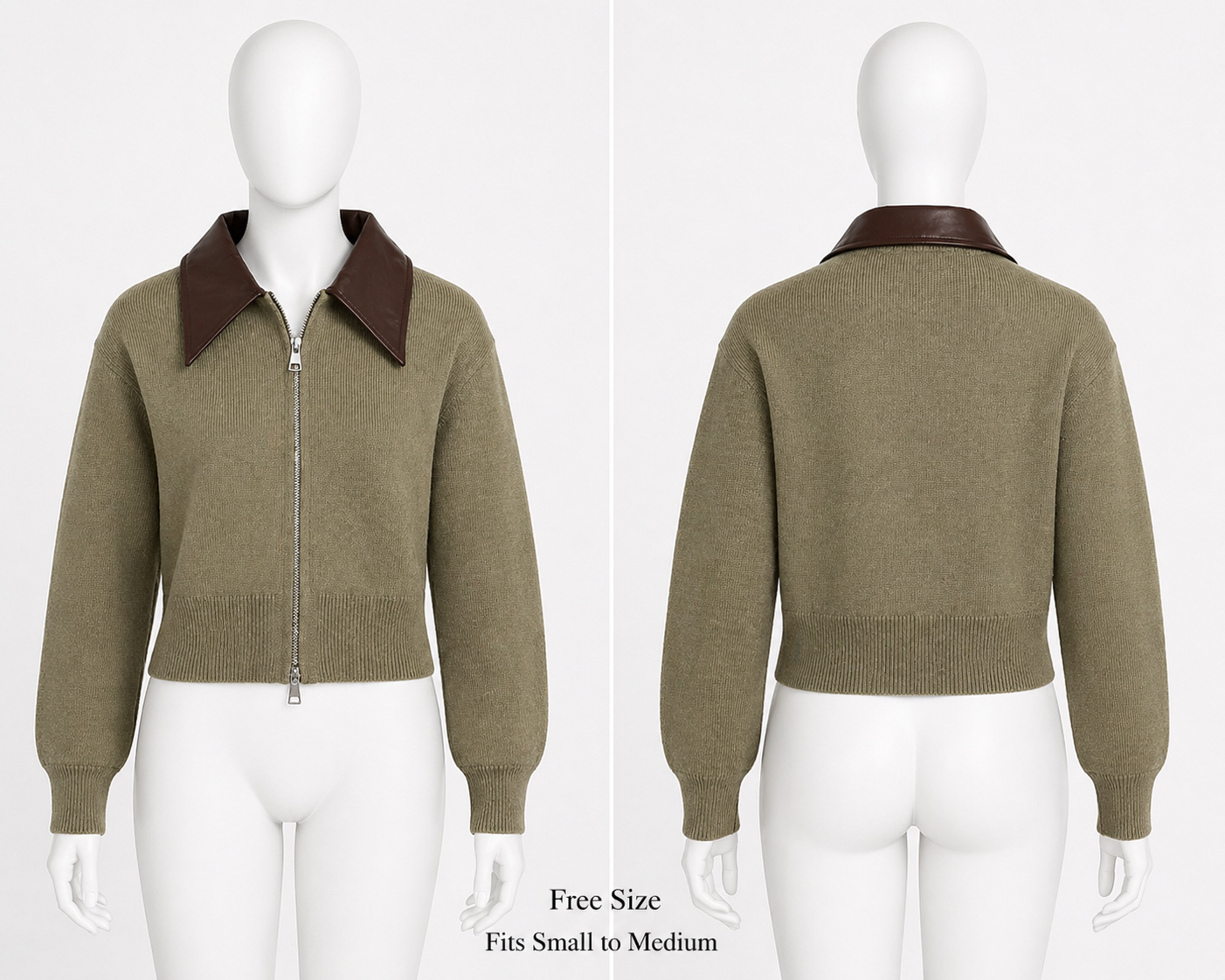 WINTER JUMPER - Knitted with Leather Collar Jacket- BROWN