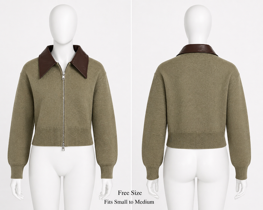 WINTER JUMPER - Knitted with Leather Collar Jacket- BROWN