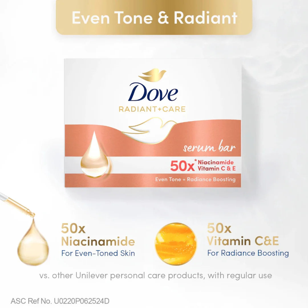 Dove Radiant + Care Serum Bar Niacinamide and Vitamin C&E 90g x 3 (Bundle of 3) Even Tone + Radiance Boosting