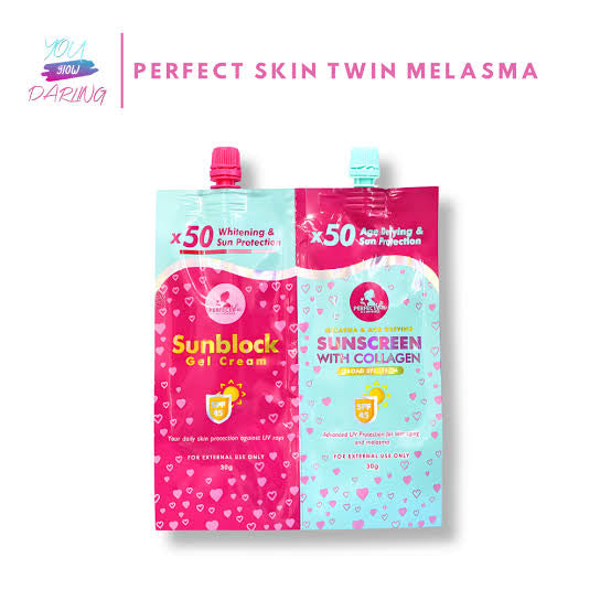 Perfect Skin Sunblock Twin Pack- Gel Cream SPF45 30g + Melasma & Age Defying Sunscreen With Collagen Broad Spectrum SPF45 30g