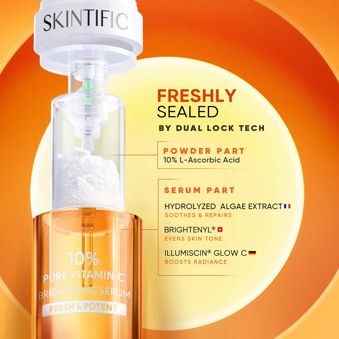SKINTIFIC 10% Pure Vitamin C Brightening Serum 1+1 Fresh & Potent 1g Powder + 9g Liquid